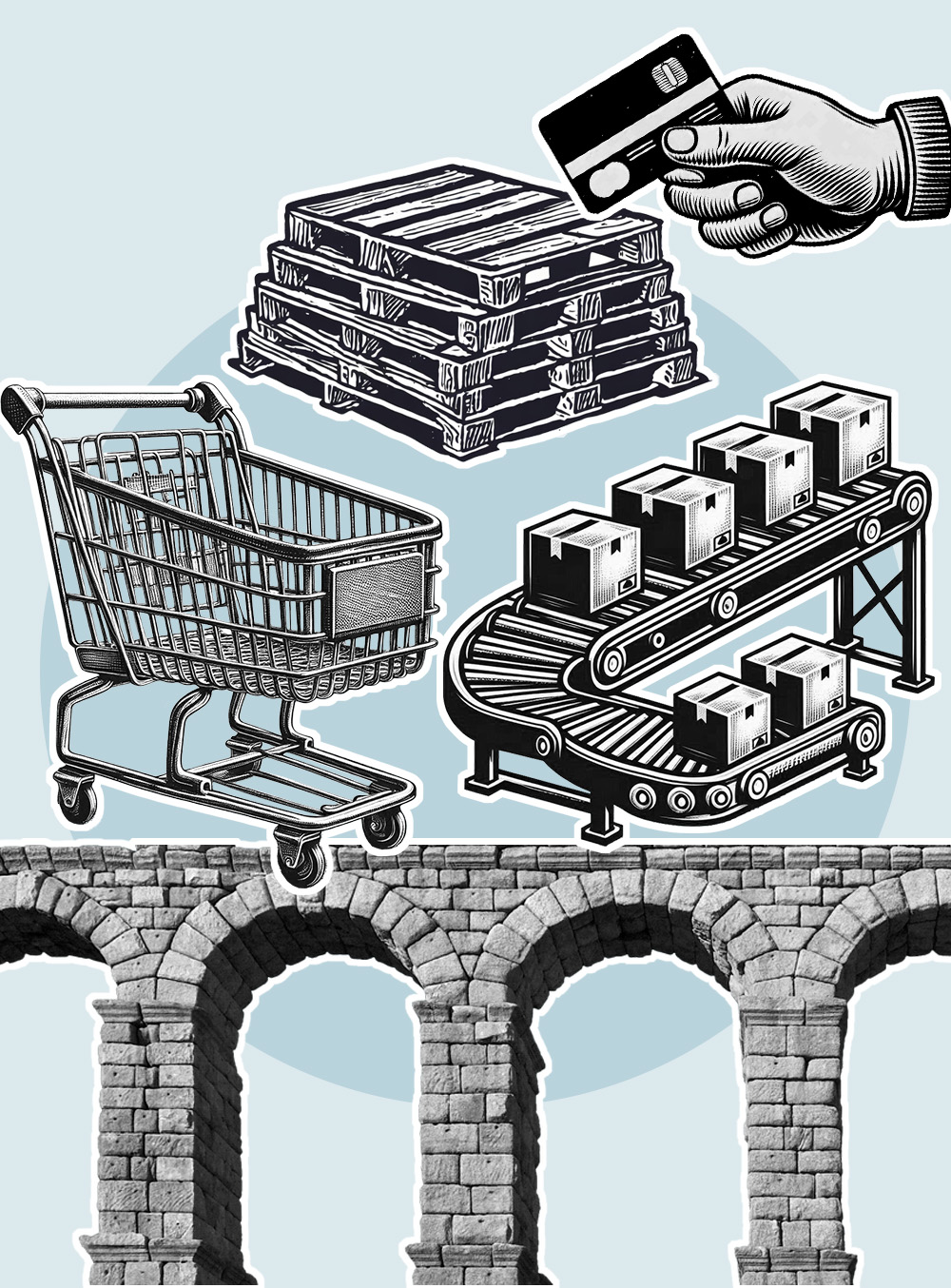illustration with monochrome elements depicting different parts of retail and logistics.